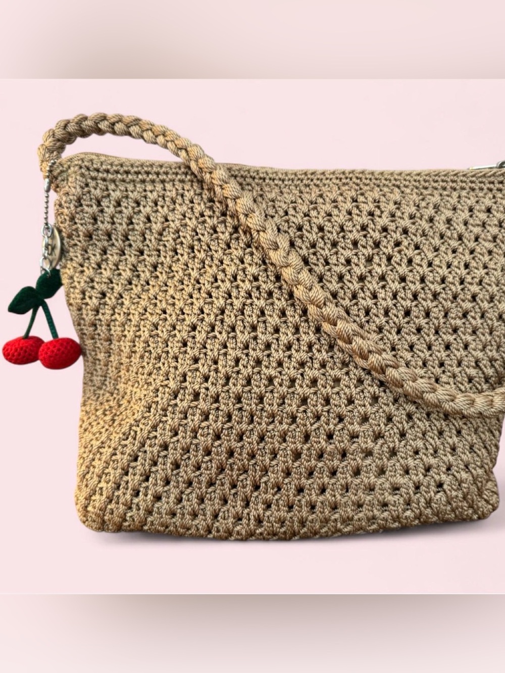The Sak Gold Crochet Shoulder Bag w/BONUS Crocheted Cherries 🍒 Bag Charm/Keyring - Picture 9 of 9